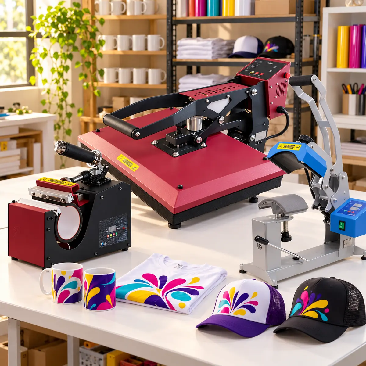 Taller de sublimación FestejaMe con prensa para tazas, prensa plana 40 por 60 y prensa para gorras